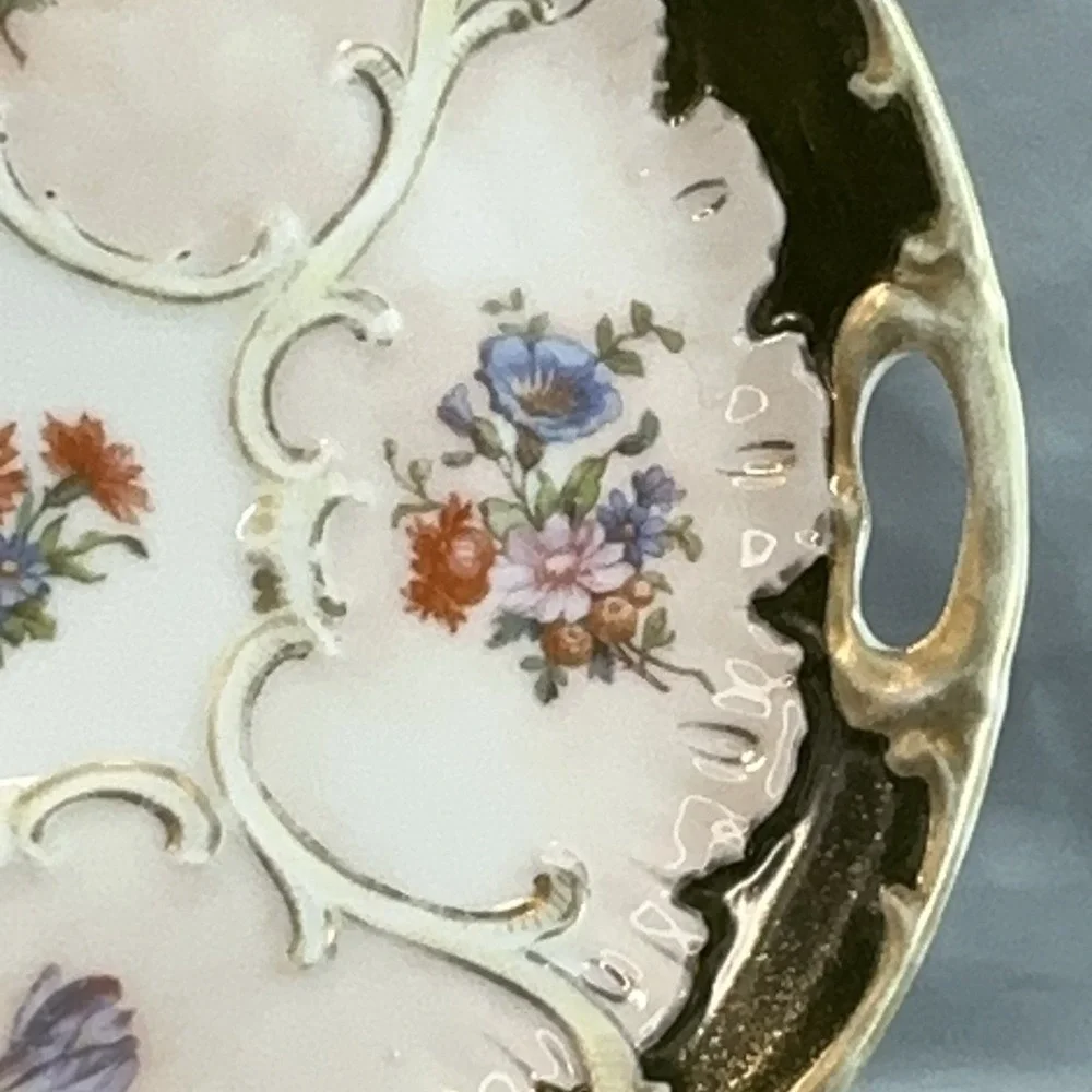 Antique Victorian Handled Cake Plate Pattern 930 Forest Green Stipple Gilt 10.5